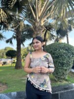 Elegant One-Side Sleeve Asymmetrical Green Floral Top with Lace Detailing - Image 2