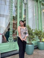 Elegant One-Side Sleeve Asymmetrical Green Floral Top with Lace Detailing - Image 3